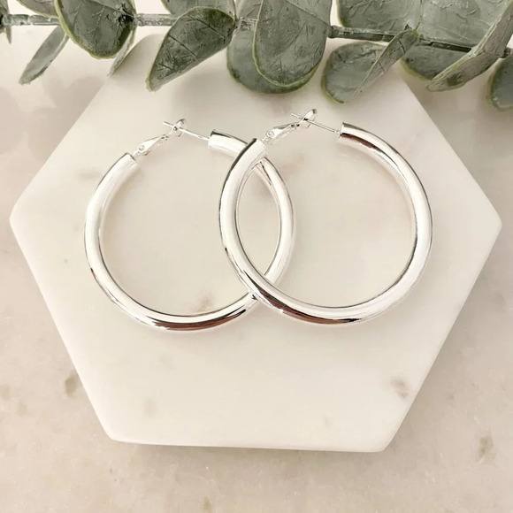 925 Sterling Silver Chunky Hoop Earrings Large Silver Hoops Silver Hoops - Picture 3 of 5